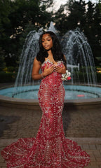 Strapless Mermaid Red Long Prom Dresses For Black Girls Women Sleeveless Party Dress AB1766