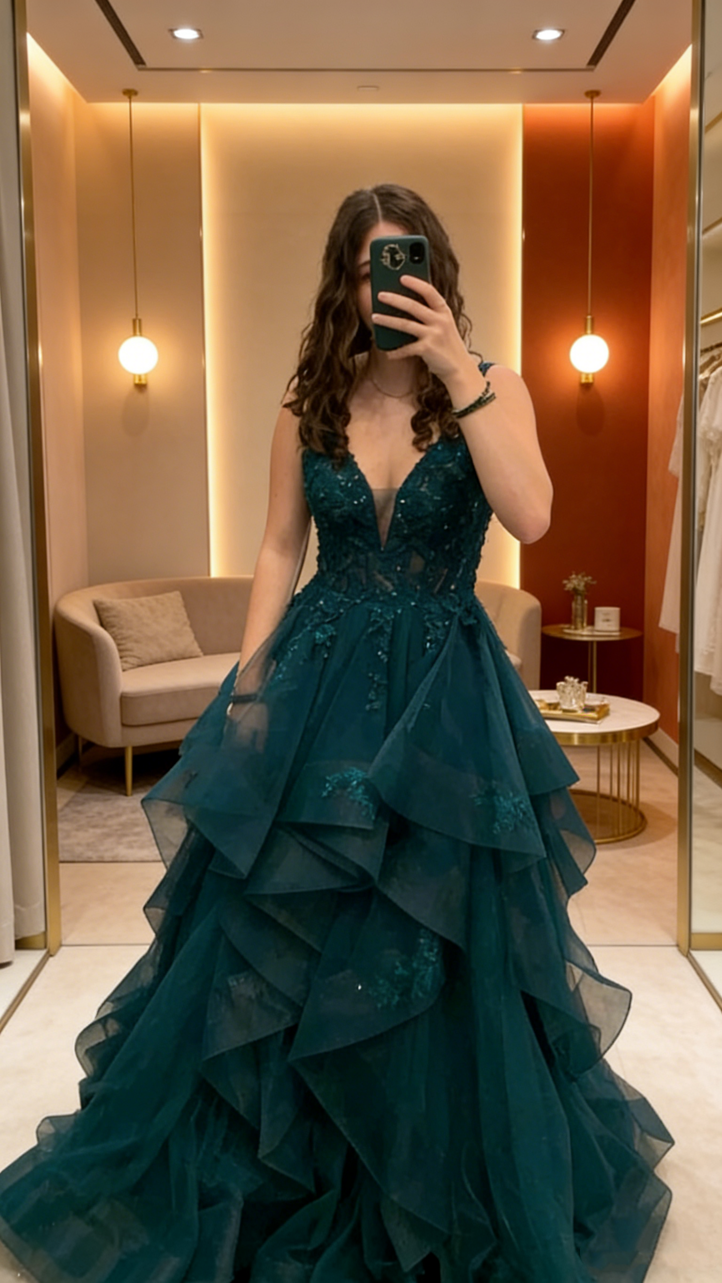 Classy Ball Gown V Neck Dark Green Tulle Appliques Prom Dresses Party Dress Long Evening Dresses AB2153