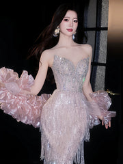Glittery Sheath Strapless With Tassels Beads Sleeveless Pink Prom Dresses Inspiration Long Night Outfits Birthday Outfits AB2214