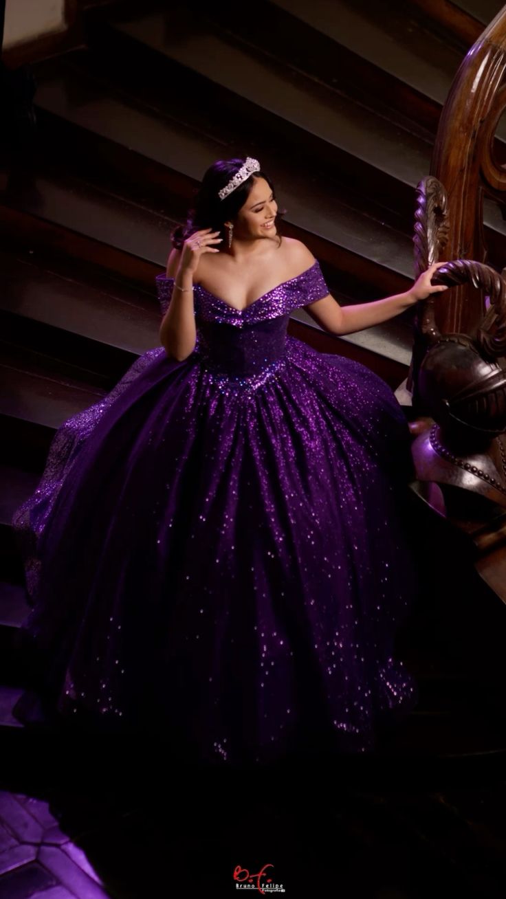 Chic Ball Gown Off The Shoulder Grape Sequin Long Formal Fancy Prom Evening Dress Dinner Outfits Party Gowns For Teens Girls AB2158