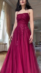 Vintage A line Burgundy Spaghetti Strap Tulle With Beading Formal Dress 21st Birthday Prom Dresses N2764