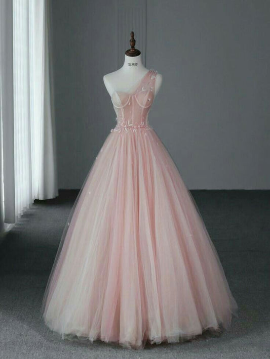 Classic Ball Gown One Shoulder Blush Pink Tulle With Applique Long Prom Dresses Senior Graduation Dance Evening Outfits N028