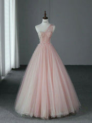 Classic Ball Gown One Shoulder Blush Pink Tulle With Applique Long Prom Dresses Senior Graduation Dance Evening Outfits N028