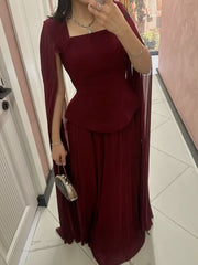 Elegant A line Square Neck Burgundy Chiffon With Sleeves Long Formal Fancy Prom Evening Dress Dinner Outfits Classy Party Gowns AB2028