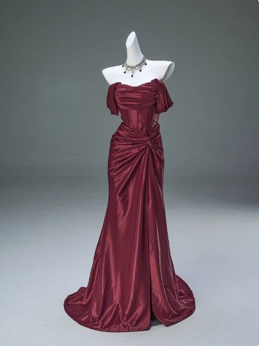 Elegant Pleated Satin Formal Mermaid Evening Dress,Fahsion Graudation Prom Dresses With Off-The-Shoulder N1870