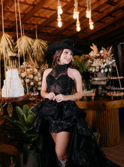 High Low Prom Dress Women Black Organza Long Formal Dance Evening Party Gowns AB1725