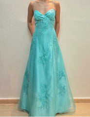 Vintage Ball Gown 2000s Spaghetti Strap Blue Formal Dress Long Prom Dresses N2673