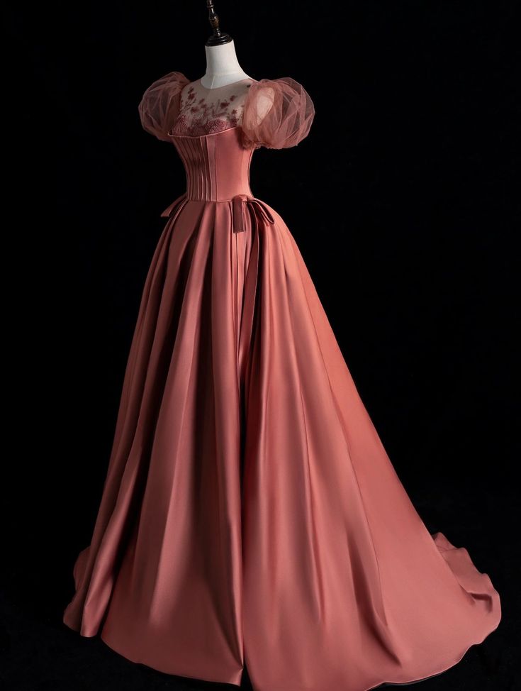 Classy Ball Gown Scoop Pink Satin With Short Sleeves Long Inspo For Women Girls Formal Party Gowns Long Formal Prom Dresses AB1984
