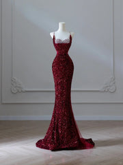 Sparkly Mermaid Spaghetti Straps Sequins Burgundy Long Formal Fancy Prom Evening Dress Dinner Outfits Classy Party Gowns AB2047
