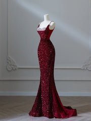 Sparkly Mermaid Spaghetti Straps Sequins Burgundy Long Formal Fancy Prom Evening Dress Dinner Outfits Classy Party Gowns AB2047