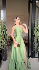 Classy Prom Dresses Inspiration A line One Shoulder Green Satin Long Semi Formal Dance Grad Prom Dresses For Teens AB2071