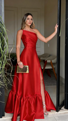 Classy Prom Dresses Inspiration A line One Shoulder Green Satin Long Semi Formal Dance Grad Prom Dresses For Teens AB2071