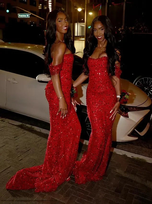 Glitter Mermaid Off The Shoulder Red Sequins Long Formal Fancy Prom Evening Dress Dinner Outfits Classy Party Gowns For Black Girls AB2086