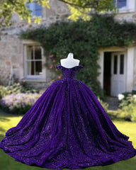 Chic Ball Gown Off The Shoulder Grape Sequins Long Formal Fancy Prom Evening Dress Dinner Outfits Party Gowns For Teens Girls AB2160