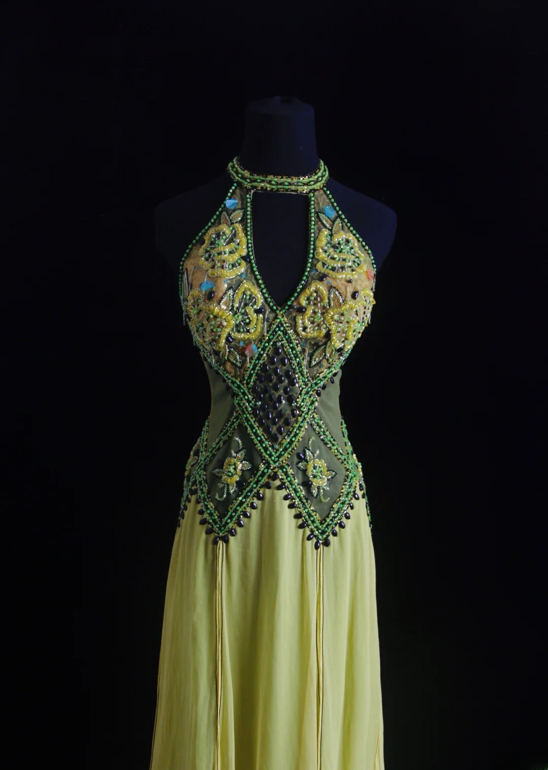 Vintage Prom Dresses 90s Formal A line High Neck Green Chiffon With Beadings Long Party Gowns Prom Dresses AS018