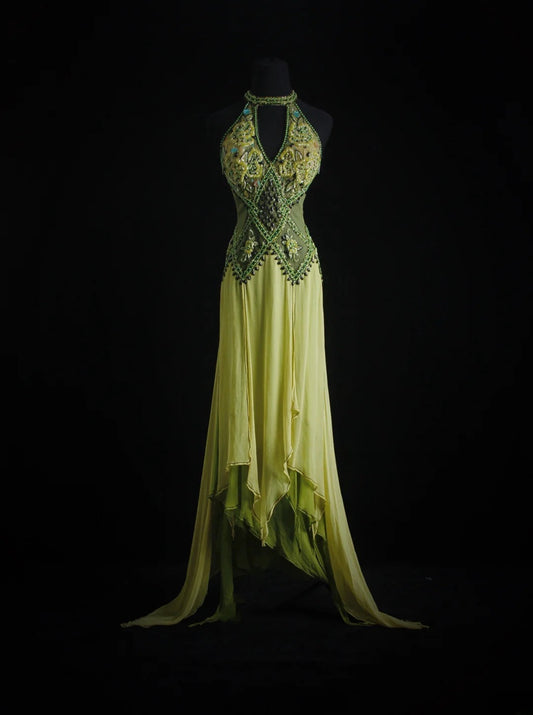 Vintage Prom Dresses 90s Formal A line High Neck Green Chiffon With Beadings Long Party Gowns Prom Dresses AS018