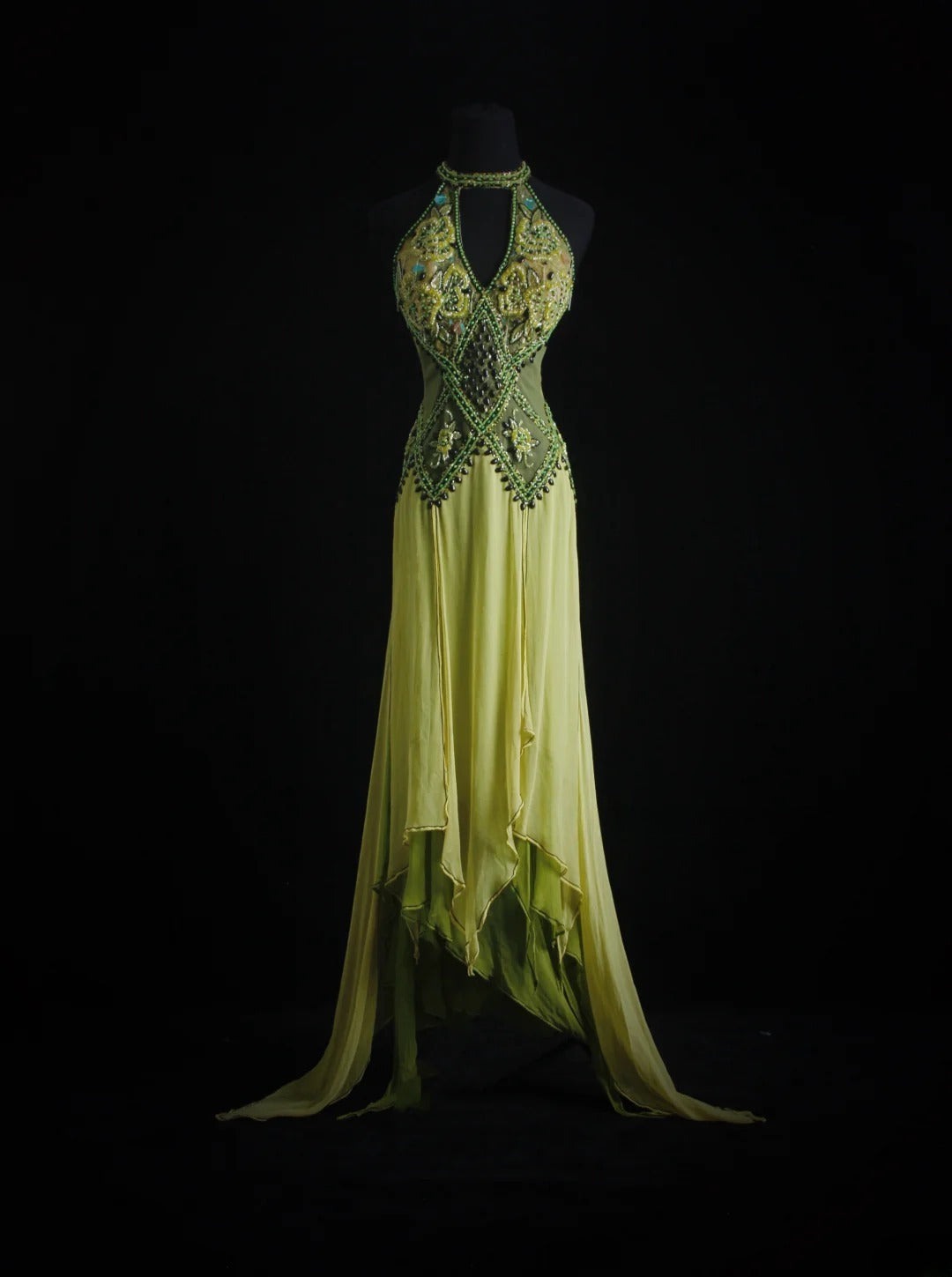 Vintage Prom Dresses 90s Formal A line High Neck Green Chiffon With Beadings Long Party Gowns Prom Dresses AS018