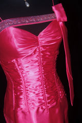 Vintage Prom Dresses 90s Formal Mermaid Spaghetti Straps Hot Pink Satin With Beadings Long Party Gowns Prom Dresses AS019