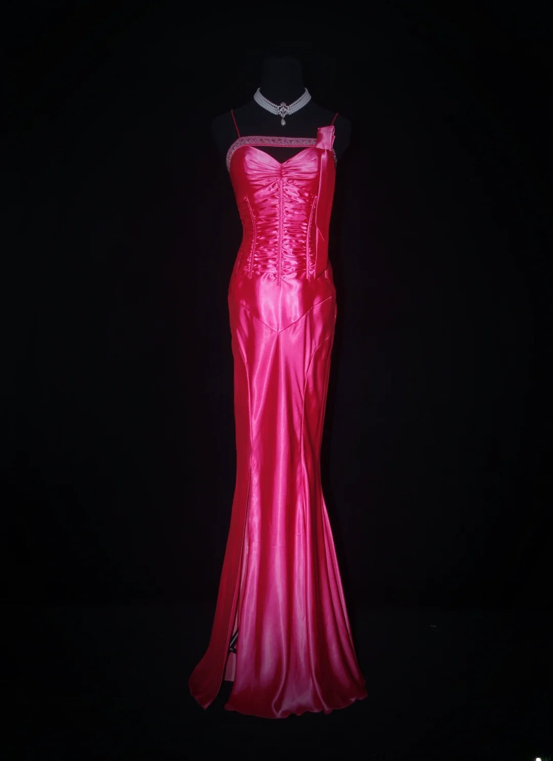 Vintage Prom Dresses 90s Formal Mermaid Spaghetti Straps Hot Pink Satin With Beadings Long Party Gowns Prom Dresses AS019