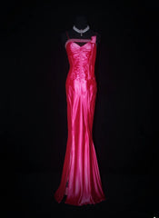 Vintage Prom Dresses 90s Formal Mermaid Spaghetti Straps Hot Pink Satin With Beadings Long Party Gowns Prom Dresses AS019