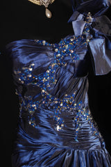 Vintage Prom Dresses 90s Formal A line One Shoulder Navy Blue Satin With Beadings Long Party Gowns Prom Dresses AS021