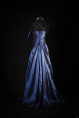 Vintage Prom Dresses 90s Formal A line One Shoulder Navy Blue Satin With Beadings Long Party Gowns Prom Dresses AS021