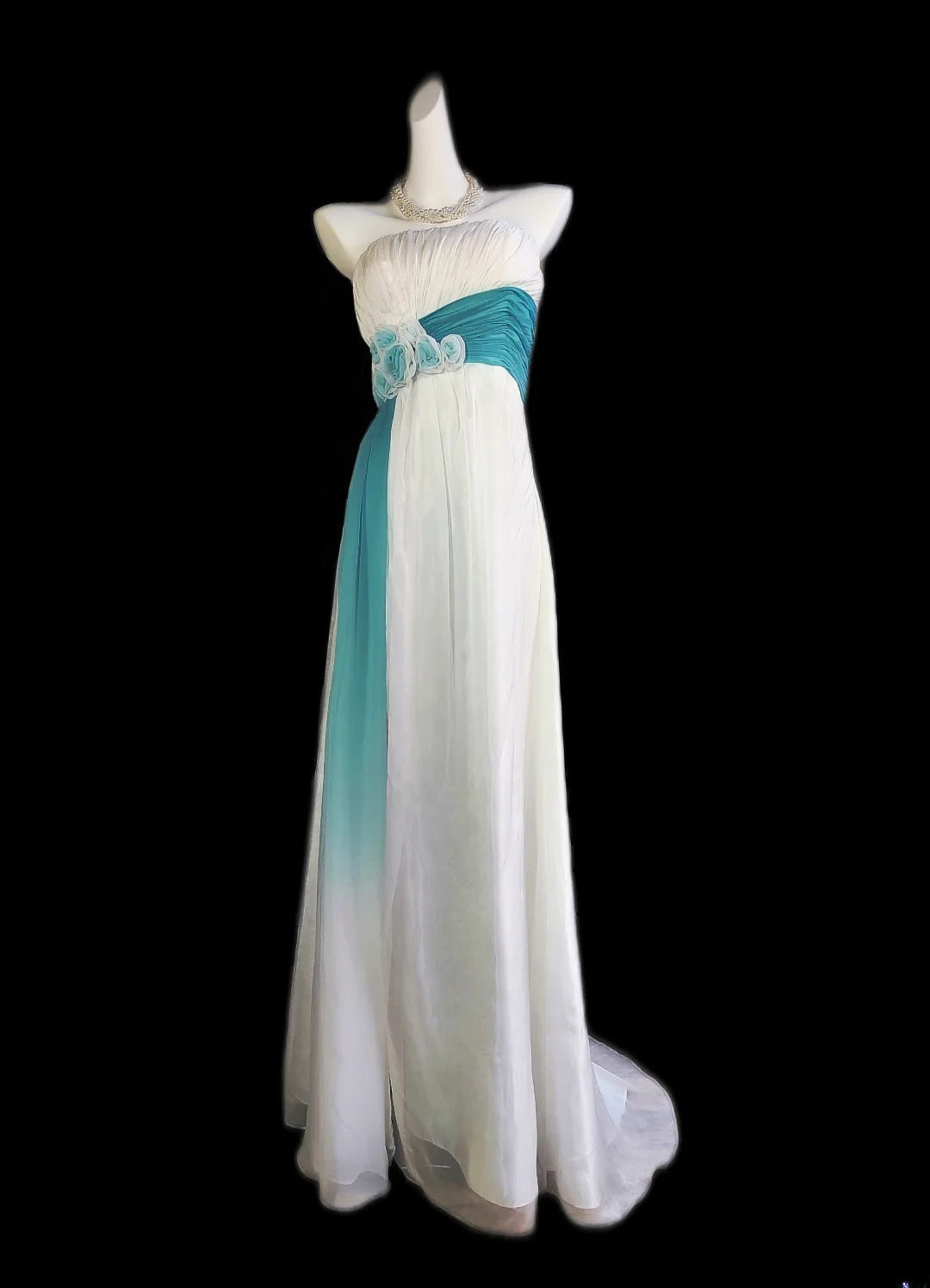 Classic A Line Strapless White Blue Ombre Chiffon Sleeveless Long Prom Dresses High School Senior Graduation Dance Evening Outfits AS022