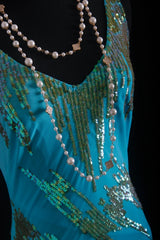 Vintage Prom Dresses 90s Formal Mermaid V Neck Blue Chiffon With Beadings Long Party Gowns Prom Dresses AS027