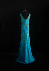 Vintage Prom Dresses 90s Formal Mermaid V Neck Blue Chiffon With Beadings Long Party Gowns Prom Dresses AS027