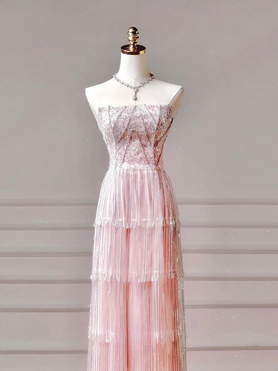 Chic Prom Dresses Aesthetic A Line Strapless Pink With Pleated Beads Inspo Impress Long Party Formal Gown For Teenagers High Schools AQ029