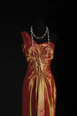 Vintage 90s Prom Dresses Women Mermaid One Shoulder Orange Taffeta Long Formal Dance Evening Party Gowns AS031