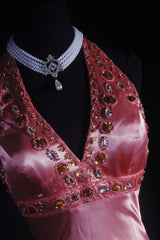 Vintage 90s Prom Dresses Women A line Halter Pink Silk Satin With Beaded Formal Dance Evening Party Gowns AS035