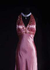 Vintage 90s Prom Dresses Women A line Halter Pink Silk Satin With Beaded Formal Dance Evening Party Gowns AS035