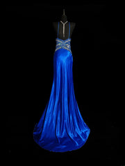 Vintage 1950s Mermaid Spaghetti Strap Royal Blue Satin With Beading Long Prom Dresses High School Senior Graduation Dance Evening Outfits AS036