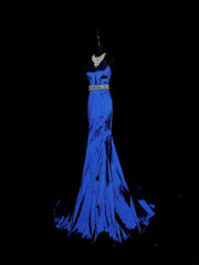 Vintage 1950s Mermaid Halter Royal Blue Taffeta With Silver Beading Long Prom Dresses High School Senior Graduation Dance Evening Outfits AS038
