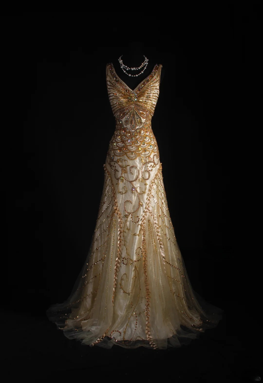 Vintage Prom Dresses 90s Formal Mermaid V Neck Tulle Gold With Beadings Long Party Gowns Prom Dresses AS044