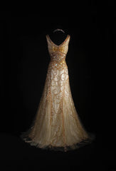 Vintage Prom Dresses 90s Formal Mermaid V Neck Tulle Gold With Beadings Long Party Gowns Prom Dresses AS044