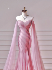 Modest Prom Dresses Aesthetic Mermaid Off The Shoulder Pink Tulle Impress With Long Sleeves Party Formal Gown For Teens High Schools Girls AQ044