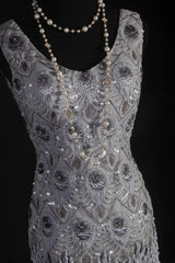 Vintage Sheath V Neck Lace Silver Gray Tassel Long Party Dress With Beads 1950s Retro Classy Birthday Dinner Prom Dress AS058