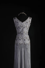 Vintage Sheath V Neck Lace Silver Gray Tassel Long Party Dress With Beads 1950s Retro Classy Birthday Dinner Prom Dress AS058