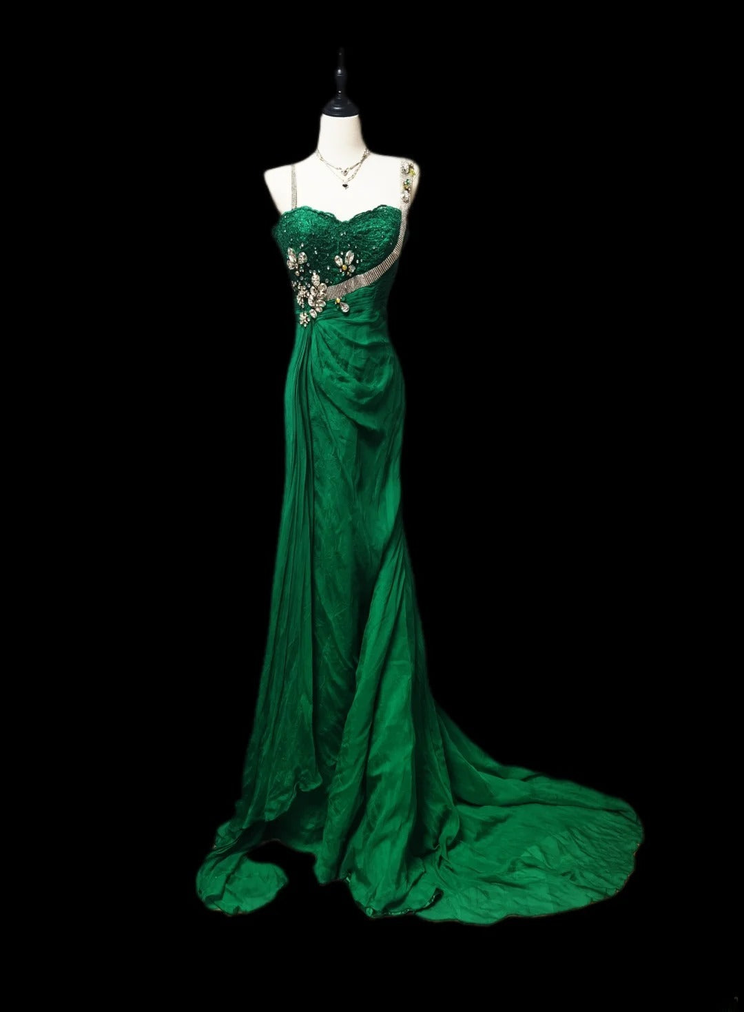 Vintage Mermaid Dark Green With Silver Beading Satin Sleeveless Long Prom Dresses High School Senior Graduation Dance Evening Outfits AS031
