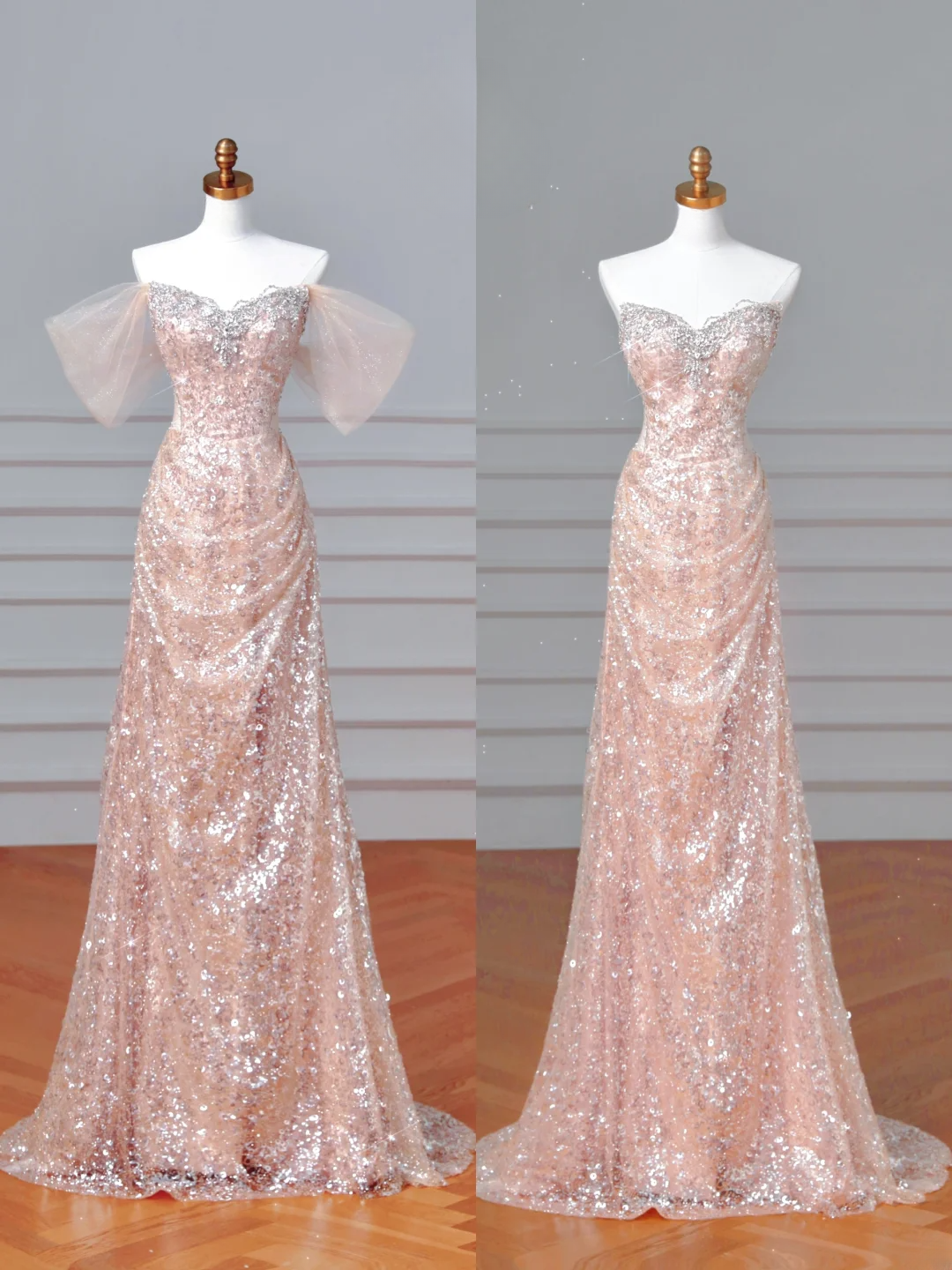 Sparkly Mermaid Sweetheart Sequins Blush Pink With Sleeves Long Formal Prom Dresses Night Outfits Party Gowns AQ066