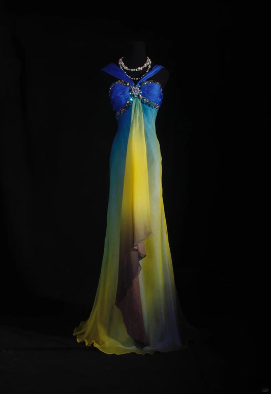 Vintage A Line Halter Blue Yellow Chiffon Multi Colors Party Dress With Beads 1950s Retro Classy Birthday Dinner Long Prom Dresses AS070
