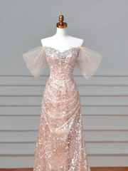 Sparkly Mermaid Sweetheart Sequins Blush Pink With Sleeves Long Formal Prom Dresses Night Outfits Party Gowns AQ066