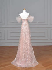 Sparkly Mermaid Sweetheart Sequins Blush Pink With Sleeves Long Formal Prom Dresses Night Outfits Party Gowns AQ066