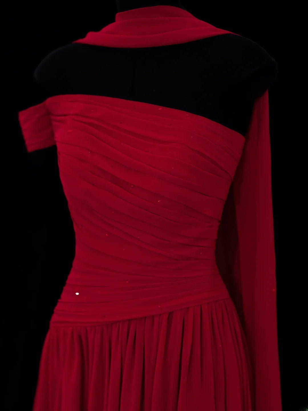 Classy A Line 1950s Formal One Shoulder Red Chiffon Pleated Style Impress Long Prom Dresses Party Gowns SA071