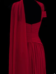 Classy A Line 1950s Formal One Shoulder Red Chiffon Pleated Style Impress Long Prom Dresses Party Gowns SA071