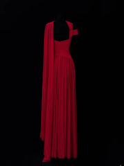 Classy A Line 1950s Formal One Shoulder Red Chiffon Pleated Style Impress Long Prom Dresses Party Gowns SA071