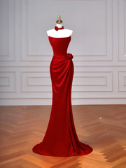 Cheap Mermaid Red Strapless With Pleated Sleeveless Long Formal Fancy Prom Evening Dress Dinner Outfits Party Gowns For Teens AQ074