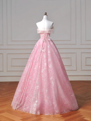 Fairy-tale Ball Gown Strapless Pink Tulle With Flowers Long Formal Fancy Beaded Prom Evening Dress Dinner Outfits Party Gowns AQ085